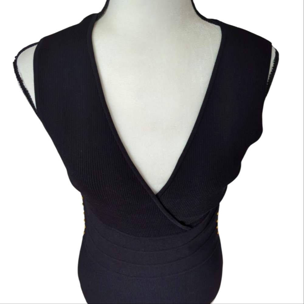 Evie Ribbed Knit Wrap Style Tank Top Embellished MEDIUM Black - Picture 4 of 14